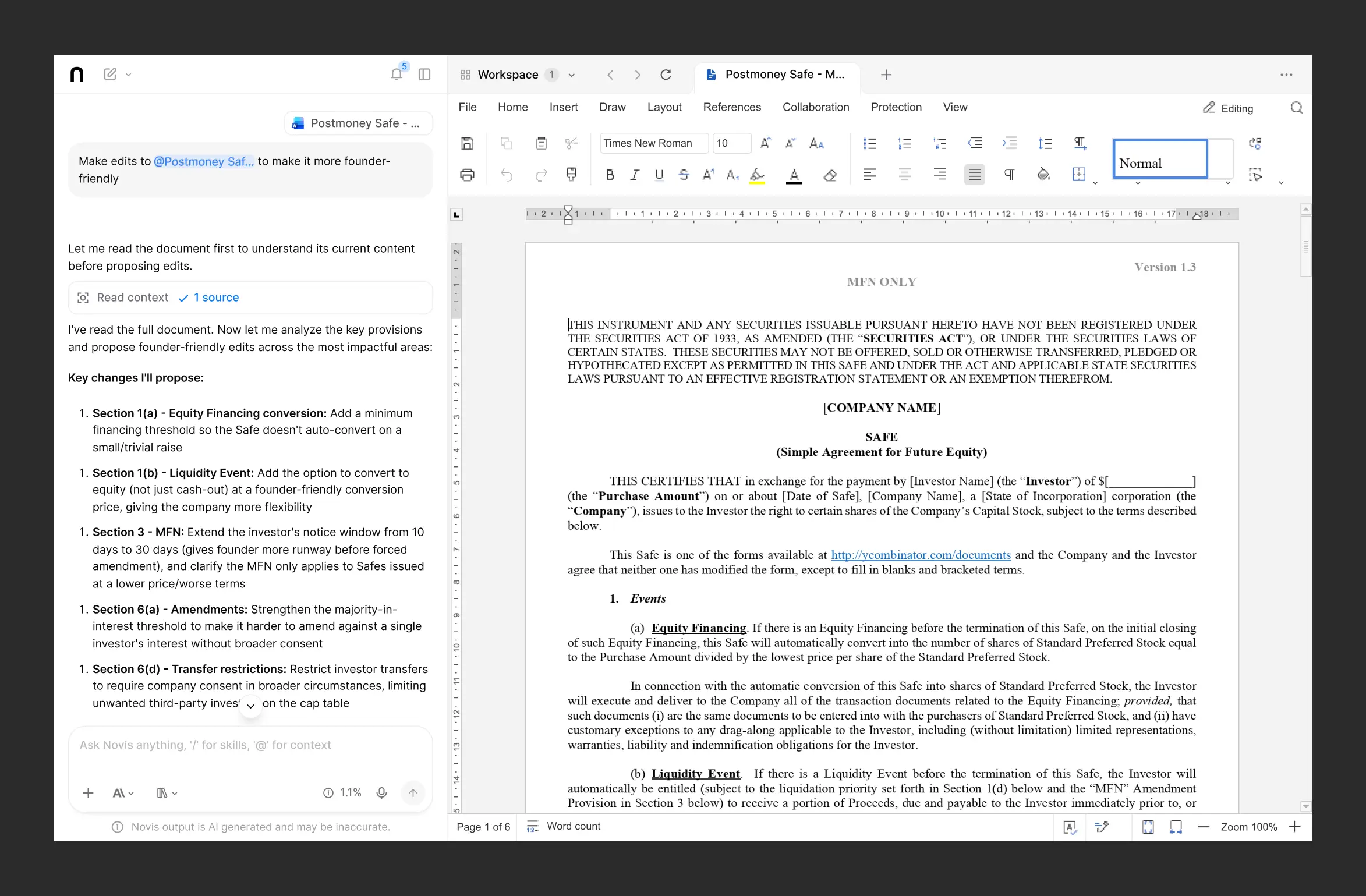 Novis v3 workspace with chat, document, and tool calls